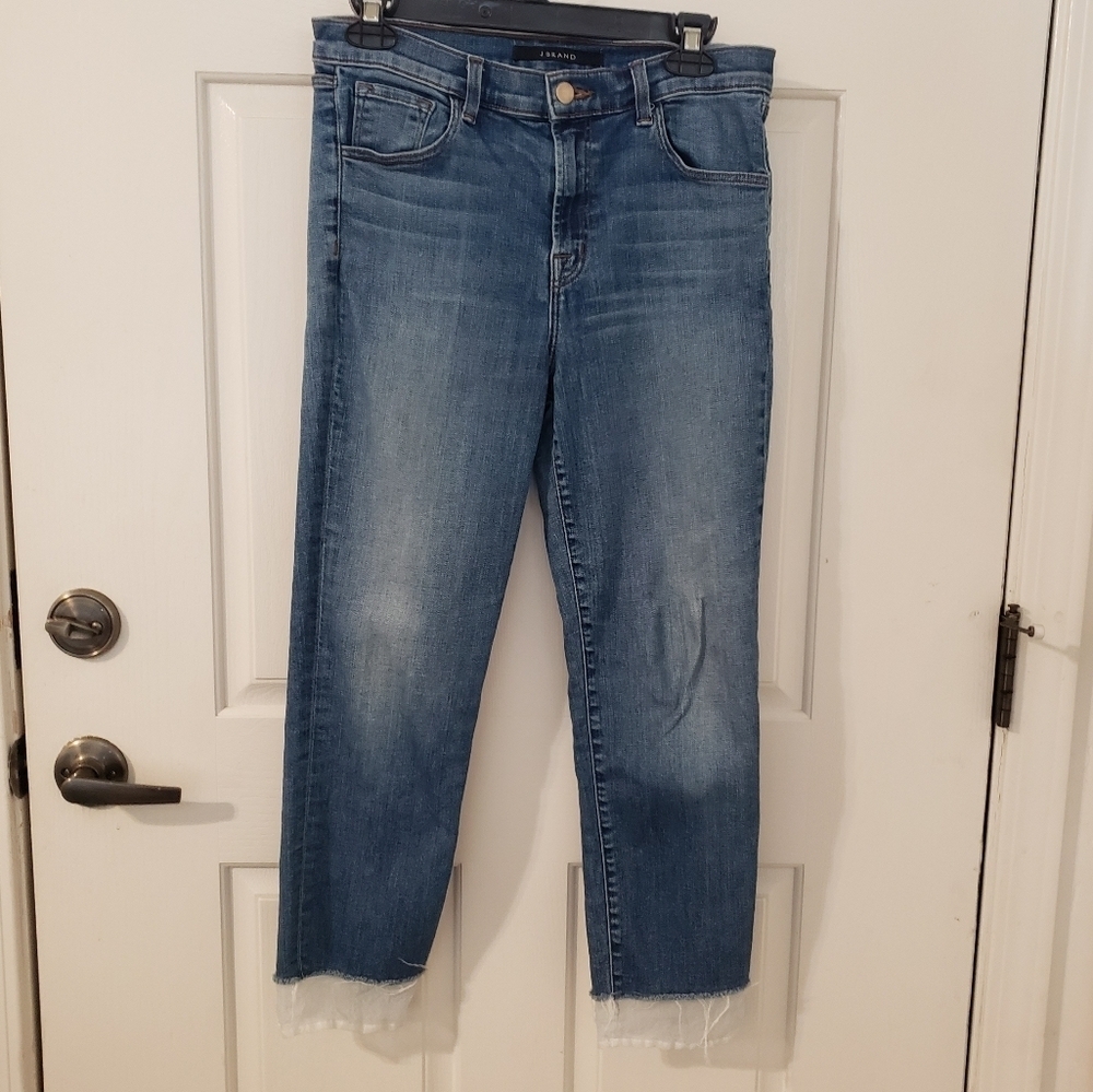 J Brand high rise size 28 “Ruby” style jeans w/sheer white hem/cuff